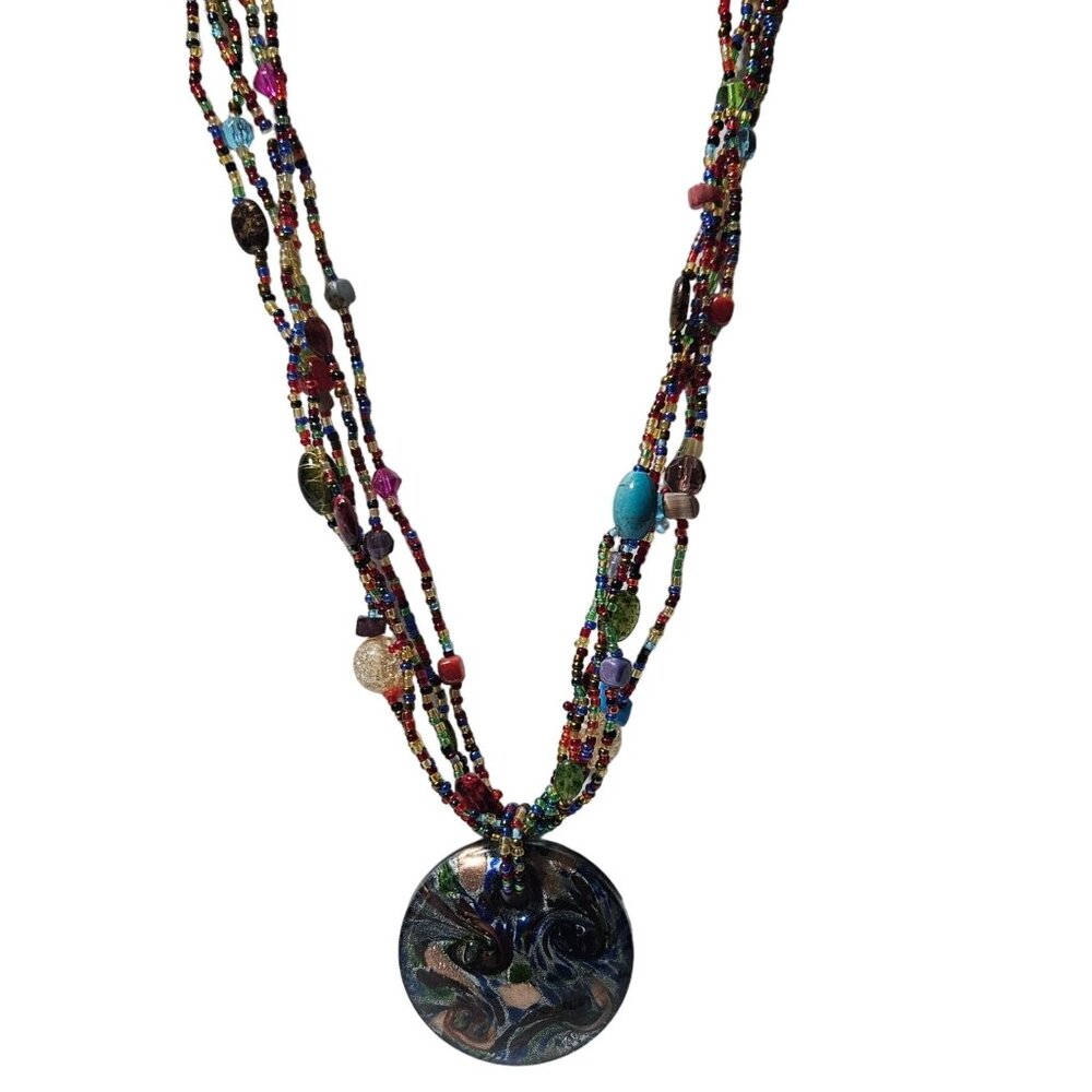 Handmade Abstract Glass Pendant Necklace Boho Colorful Seed Beaded Jewelry Women